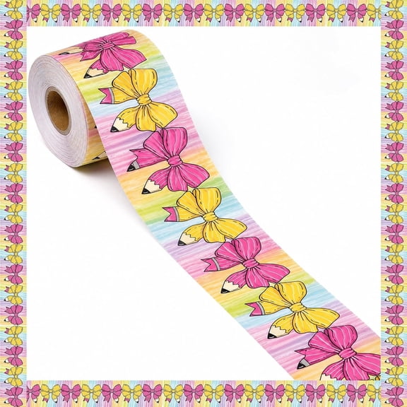 82Ft  to School Bulletin Board Border, 1 Roll Rainbow Bow & Pencil Trim Border Non-Stick Colorful  Eraser Border Roll for  Classroom Chalkboard Bulletin Board Wall Window Door Decor