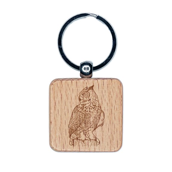 Regal Great Horned Owl Square Keychain Charm Tag - Engraved Wood