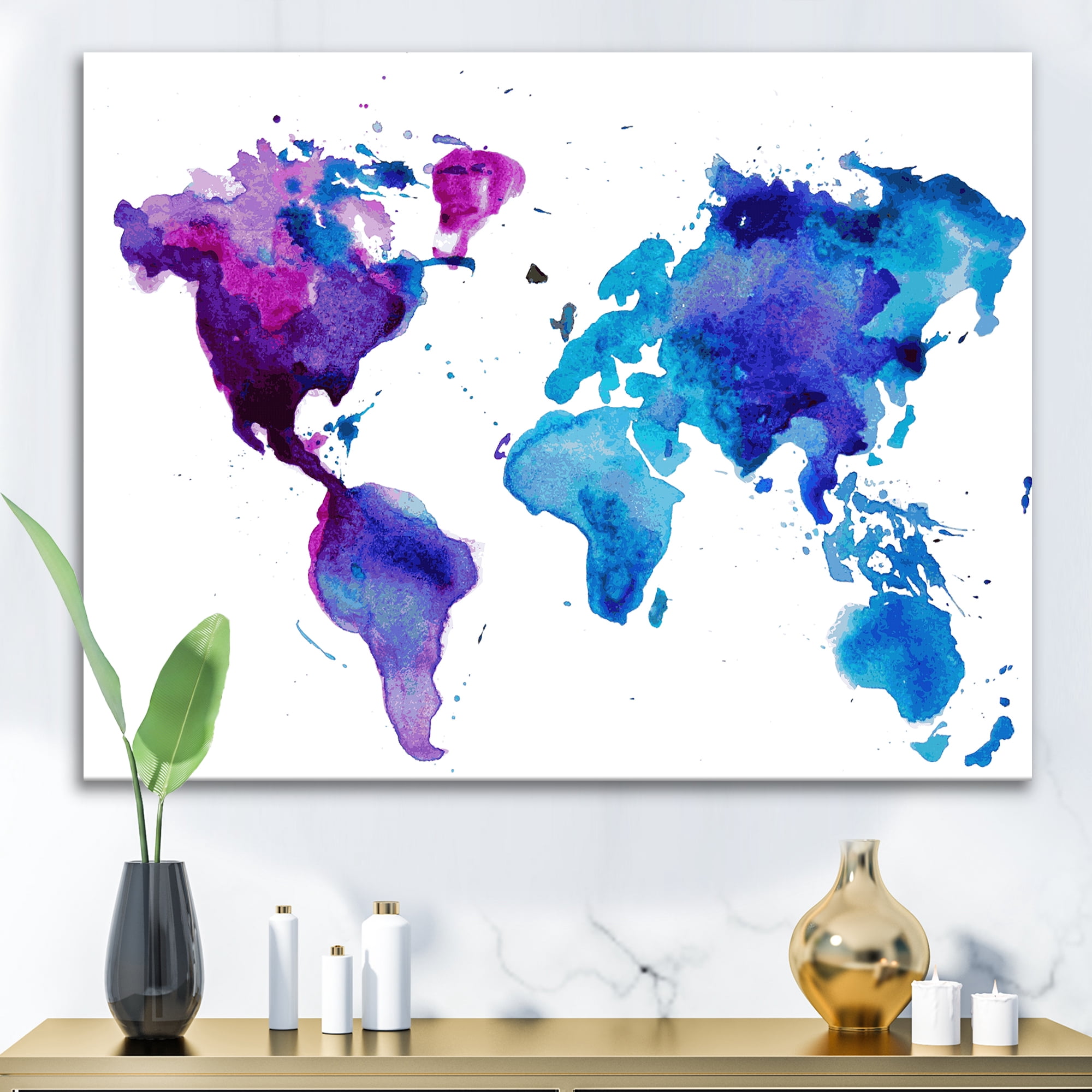 Blue and Purple Map Of The World 8 in x 12 in Painting Canvas Art Print, by Designart