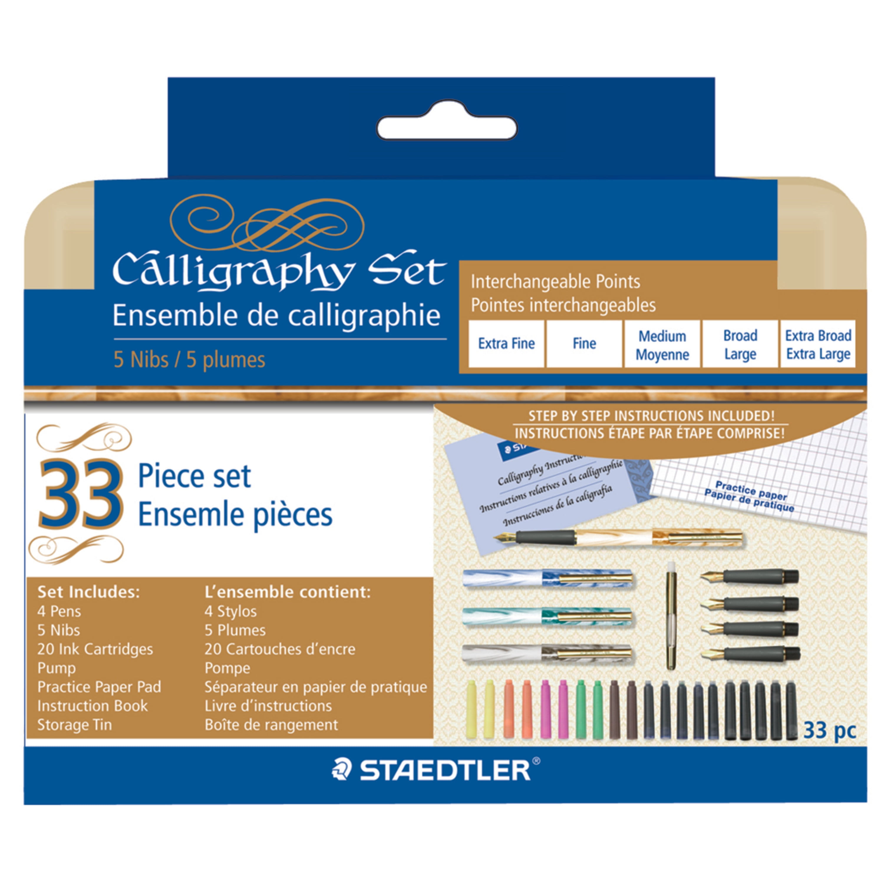 New Sealed Staedtler Calligraphy Pen Set 33 Pieces 4 Pens 5 Nibs 20 Ink Carts 