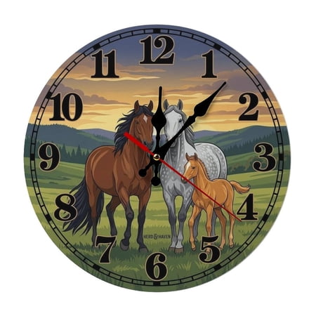 2D Flat Wall Clock Art Print, Silent Non Ticking Battery Operated,Sunset Horse Family Herd Haven Pasture Clock Wall Clock 2D Print Decorative for Bathroom Kitchen Bedroom 10 Inch & 12 Inch, Ships Nex