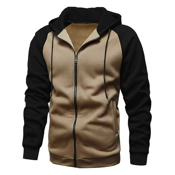IYTR Mens Color Block Zip Up Jacket Hoodie Fleece Workout Hooded Sweatshirts Coats Loose Sportwear with Pocket (Khaki,L)