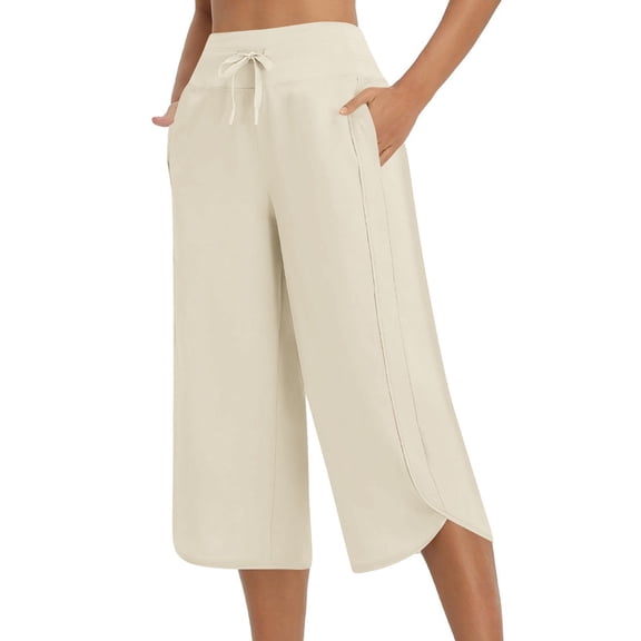 Womens Wide Leg Yoga Pants High Waisted Cropped with Pockets,Soft Beige Workout Pants for Yoga Pilates & Lounge,Size XL