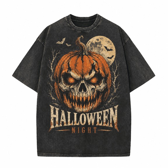 Greenink Halloween Men's Pumpkin Skull T Shirt, Vintage Washed 100% Cotton Scary Jack O Lantern Graphic Tee, Relaxed Short Sleeve Top for Costume Party Fall Wear