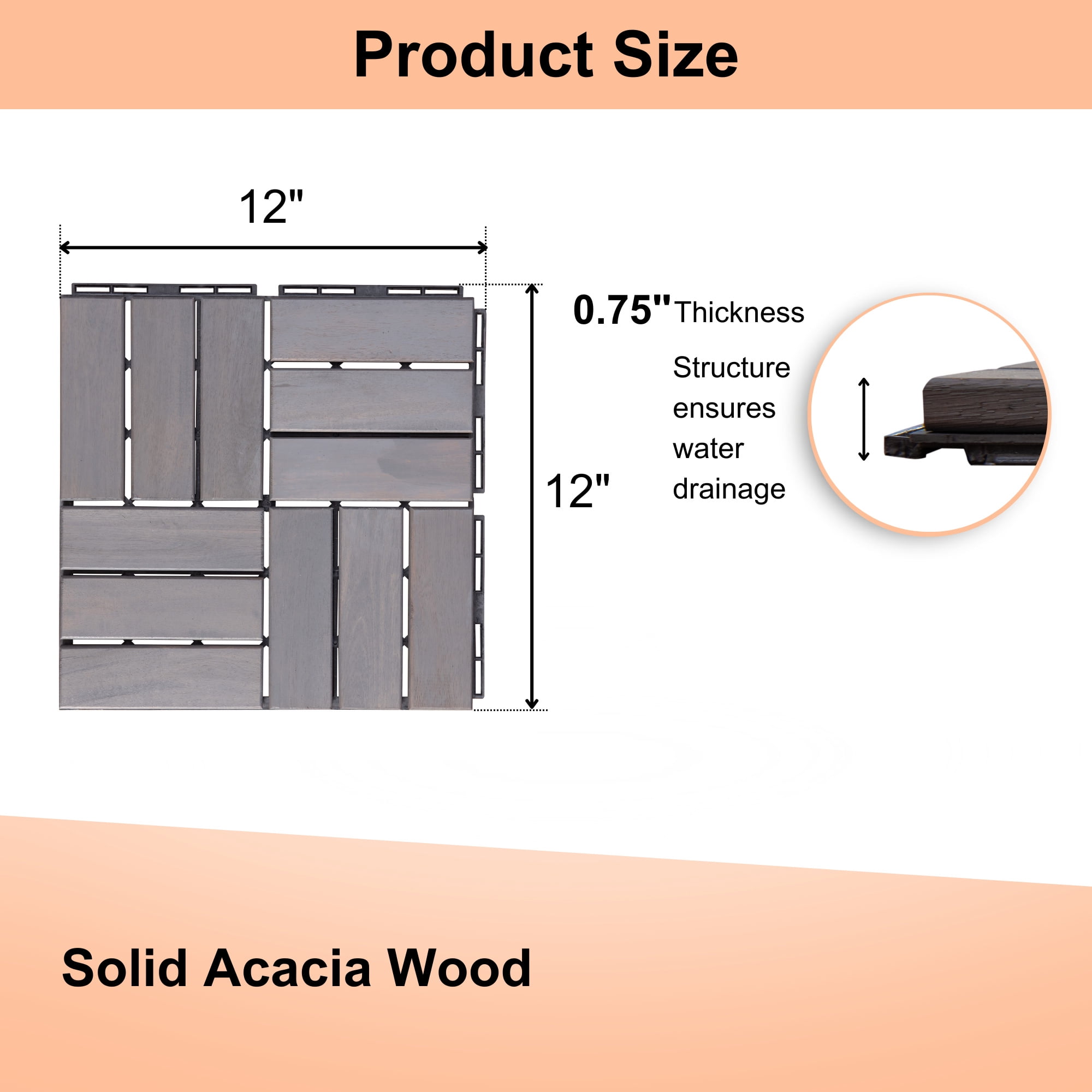 Miniyam 30 Pcs Interlocking Deck Tiles, 12x12 inch, Acacia Solid Wood, Outdoor Balcony, Light Gray
