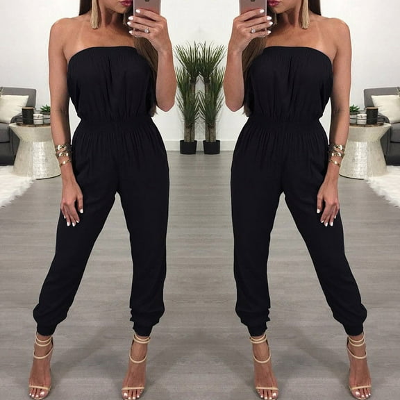 Lnzyyephy Women’s Sexy Jumpsuit, Solid Color Off Shoulder Long Pants Outfit, Elastic Waist Band Strapless Wild Fashion Bottoms