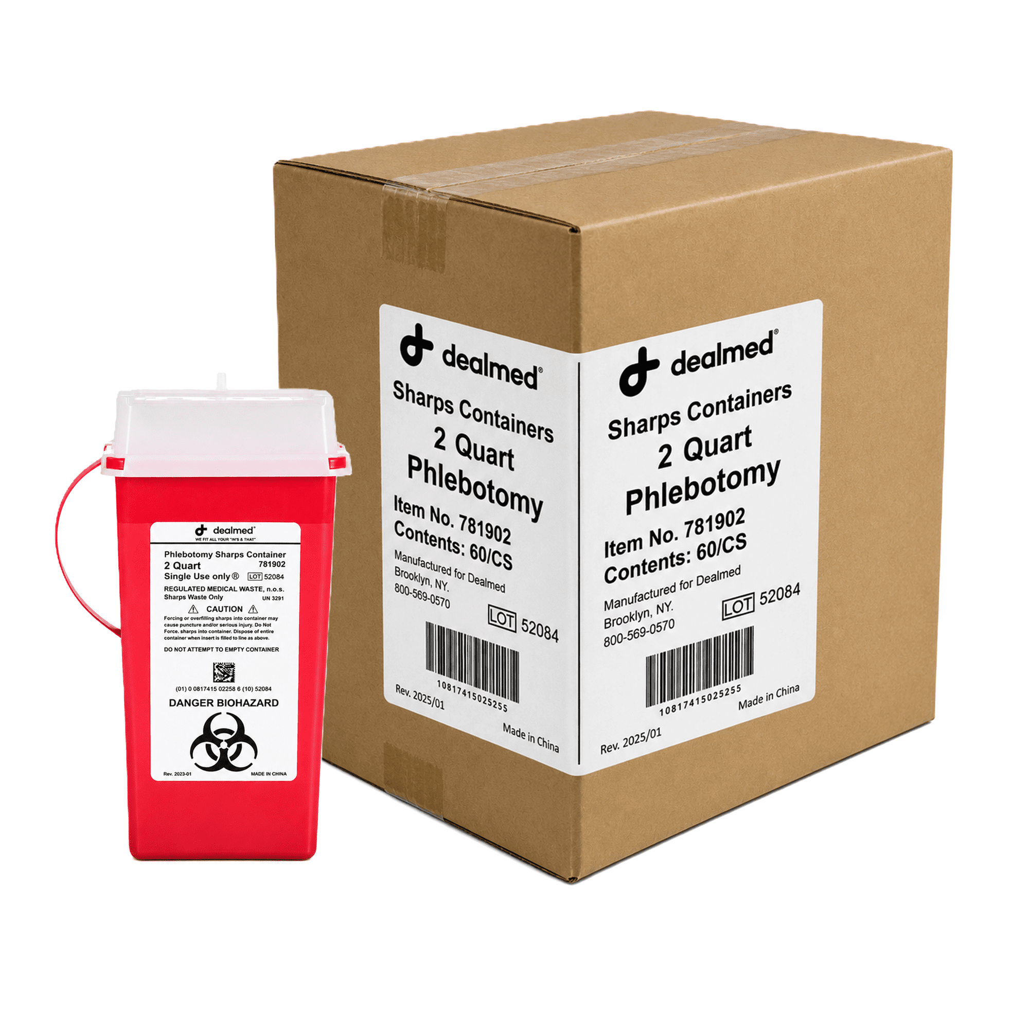 Dealmed Sharps Container, 2 Quart Flip Lid, Red (Case of 60)