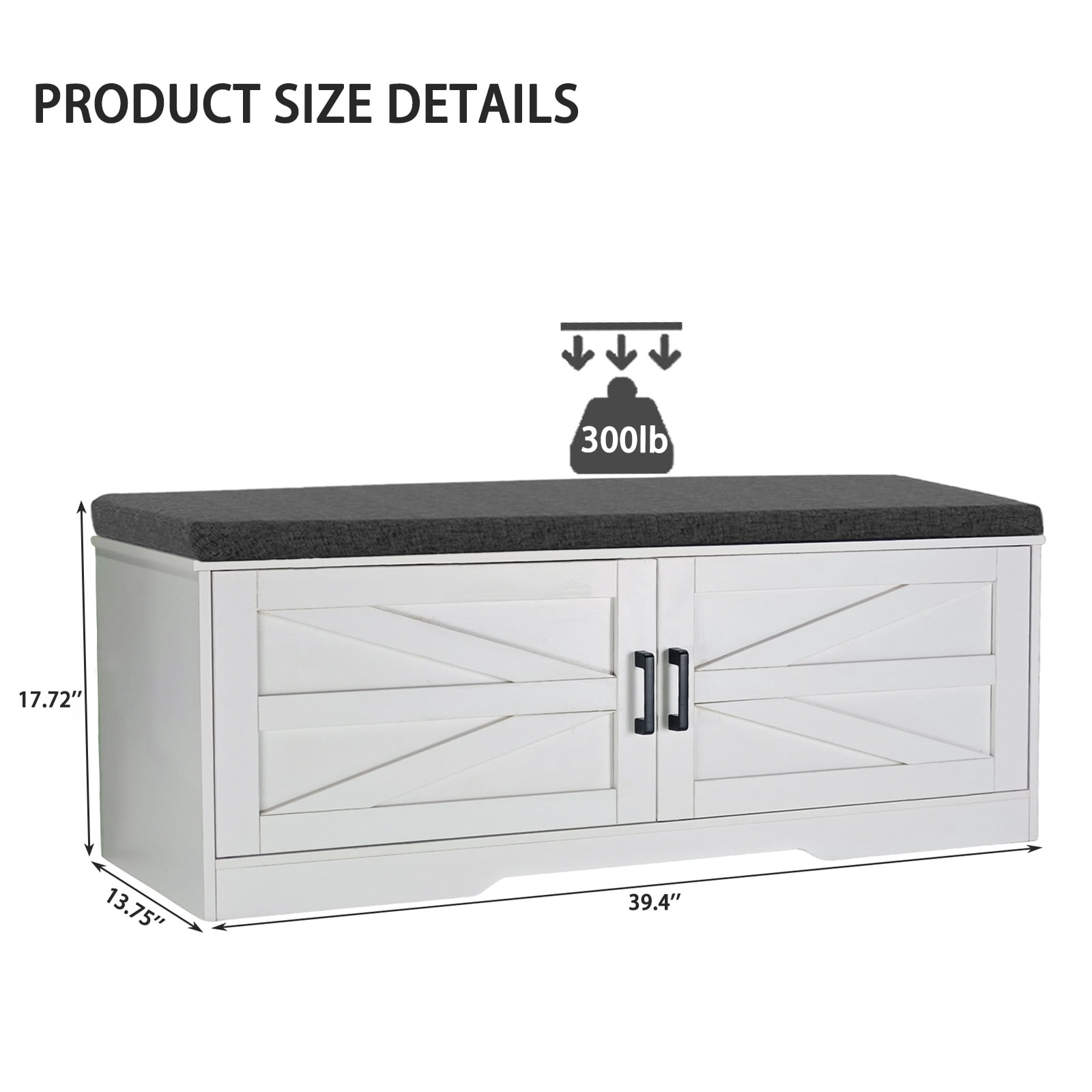 Storage Bench, White 2-Tier Farmhouse Design with Barn Doors, Padded Seat Cushion, and 2 Adjustable Shelves, 39.4 Inch Shoe Bench for Entryway, Bedroom, Living Room