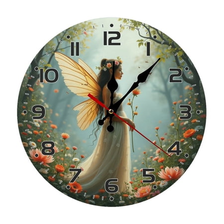 Fairy Butterfly Wings Flower Girl Wall Clock 10 Inch Silent Non Ticking Round Wooden Clock Decoration for Living Room Kitchen Bedroom Bathroom Office Classroom