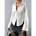 thumbnail image 5 of Women'S Collared Waist Pleated Flare Long Sleeve Fitted Shirt White XXL, 5 of 8