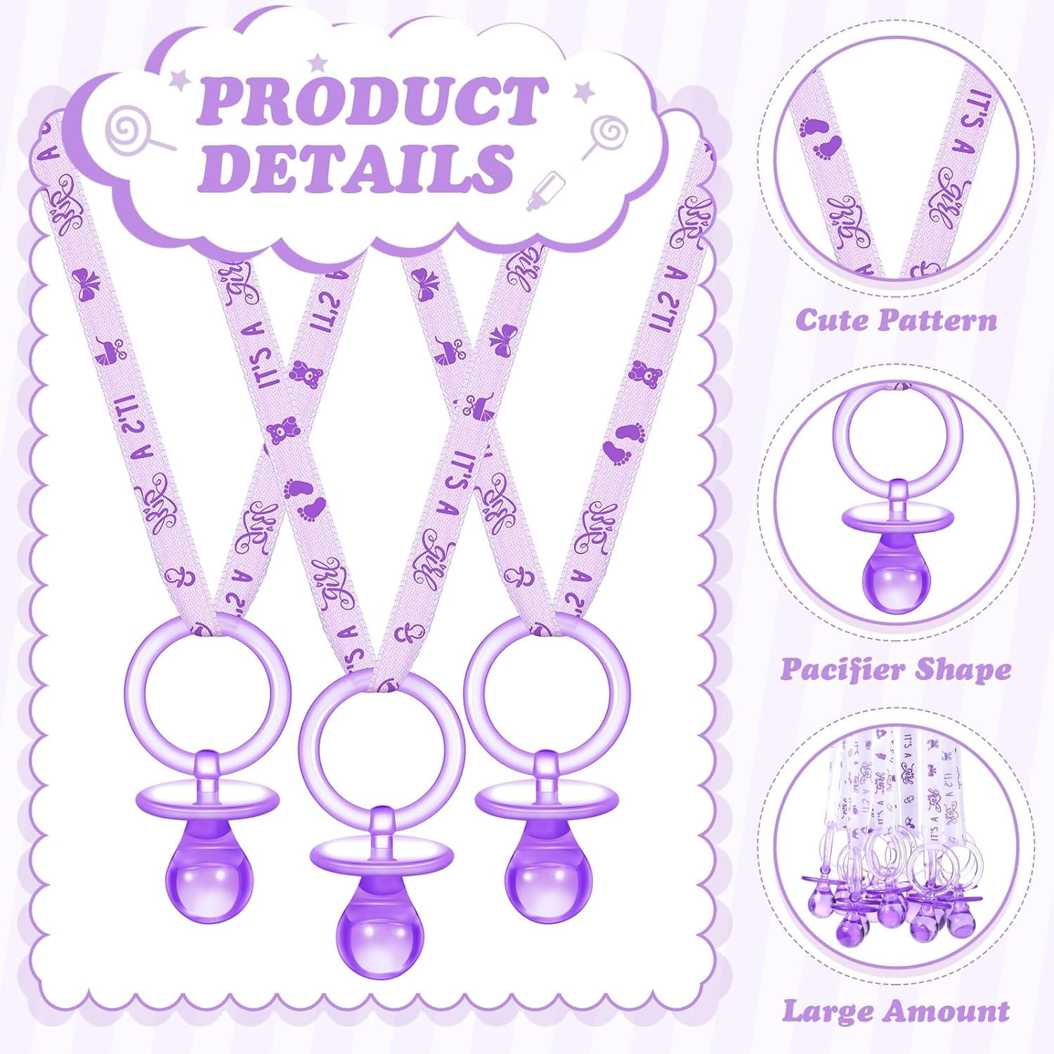 60 Pieces Baby Shower Pacifiers Necklace Acrylic Pacifiers Necklace Charm for Baby Shower Party Favors Decorations, Women Style(Purple)