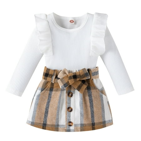

Little Girls Party Dailywear Sets Plaid Printed Long Sleeve Autumn Winter Cotton Ribbed Tops Skirts Bow Tie Clothes Dailywears Comfortable Loose Fittness Sets