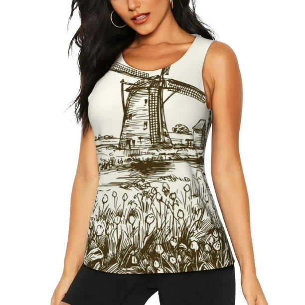 Balery Dutch Windmill Camiseta sin mangas estampada ligera para mujer, tops de entrenamiento sin mangas, camisetas de yoga transpirables de secado rápido.-Large