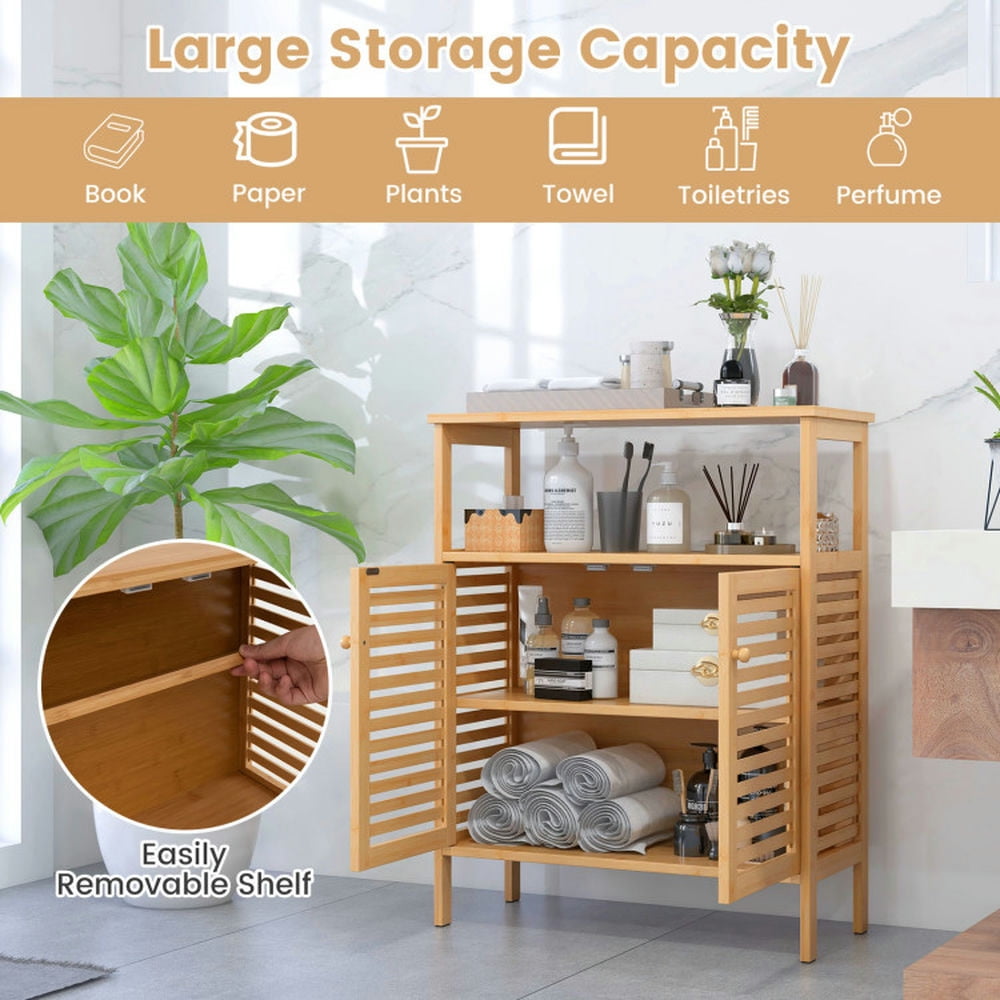 Finihen Bathroom Storage Cabinet, Bathroom Floor Cabinet, Bamboo Bathroom Floor Storage Cabinet with Shutter Doors, for Bathroom, Living Room, Bedroom, Kitchen, Natural Finihen Bathroom Storage Cabinet, Bathroom Floor Cabinet, Bamboo Bathroom Floor Storage Cabinet with Shutter Doors, for Bathroom, Living Room, Bedroom, Kitchen, Natural