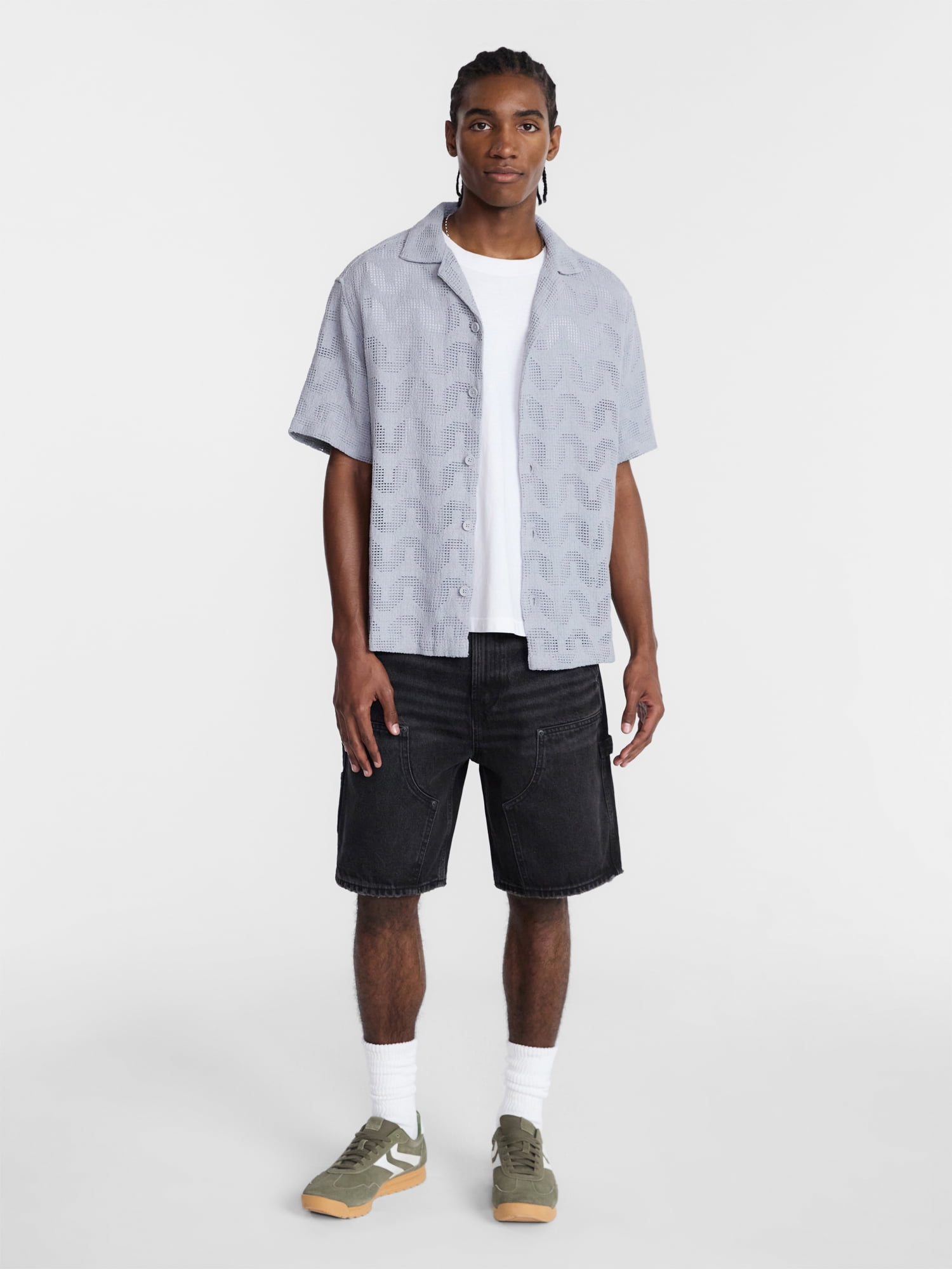 No Boundaries Textured Wave Design Resort Shirt with Short Sleeves, Men's XS-4XLT
