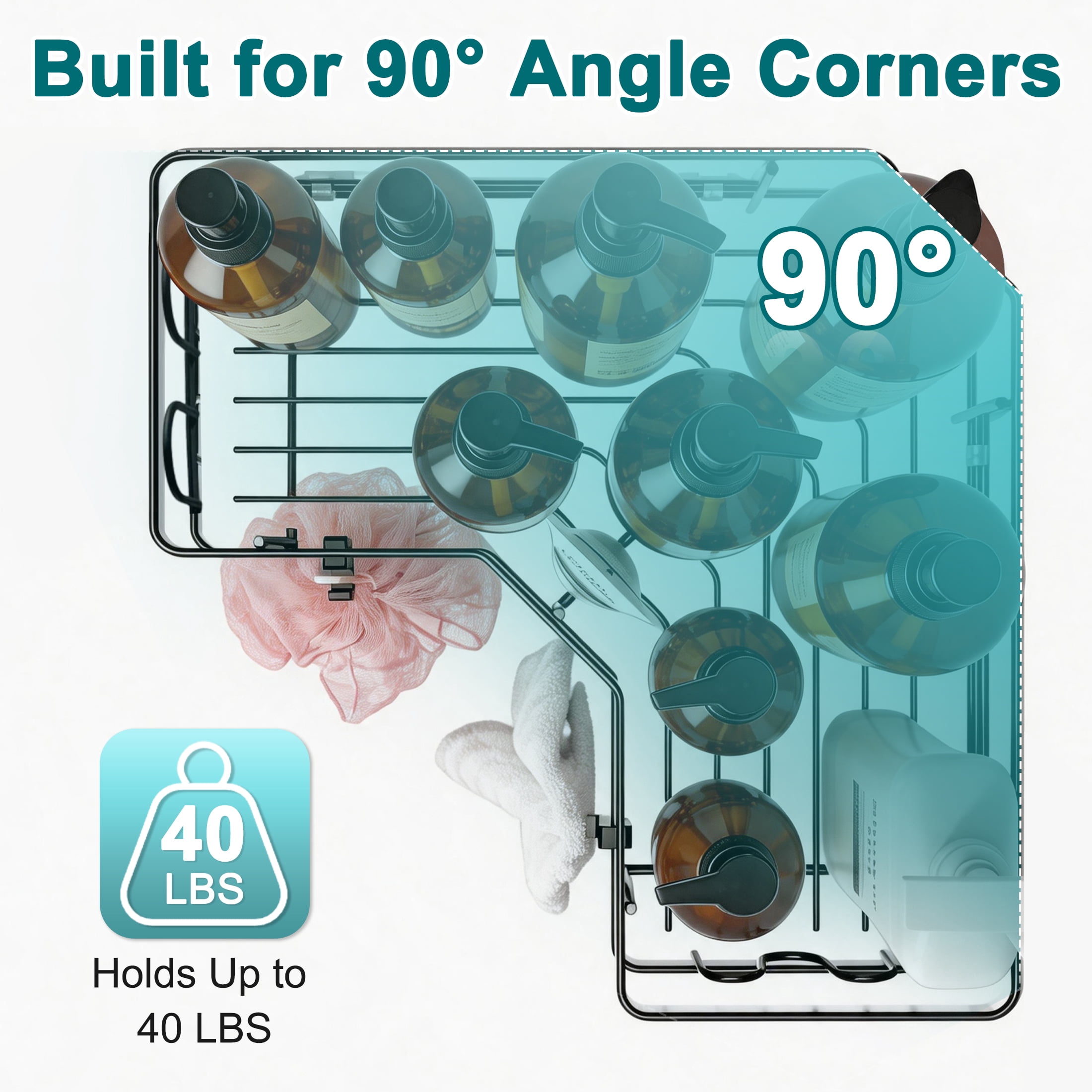 Corner Shower Caddy, 2 Pack Adhesive Shower Organizers with Hooks & Toothpaste Holder, Rustproof Metal Shower Shelves, No Drilling Bathroom Organizers and Storage Racks