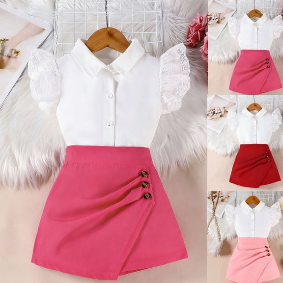 Umfun Girls 2 Piece Outfits Lace Sleeve Button Down Shirt Asymmetrical Skirt Set Formal Kids Clothes