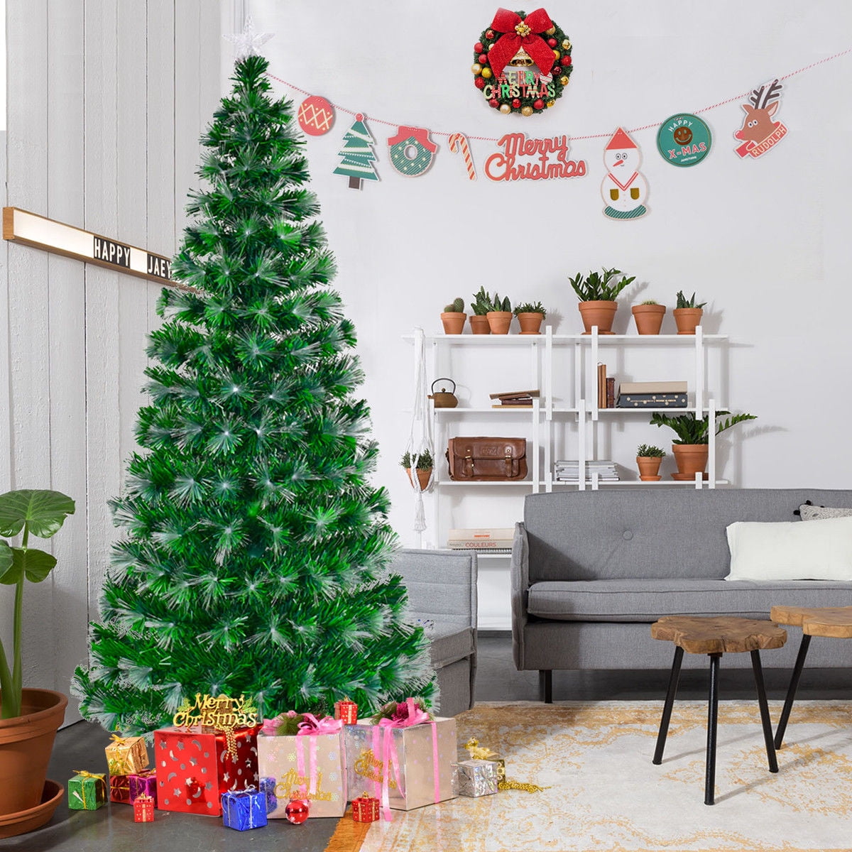 Gymax PreLit Fiber Optic Artificial Christmas Tree Multicolor LED Lights Stand 7Ft Gymax PreLit Fiber Optic Artificial Christmas Tree Multicolor LED Lights Stand 7Ft