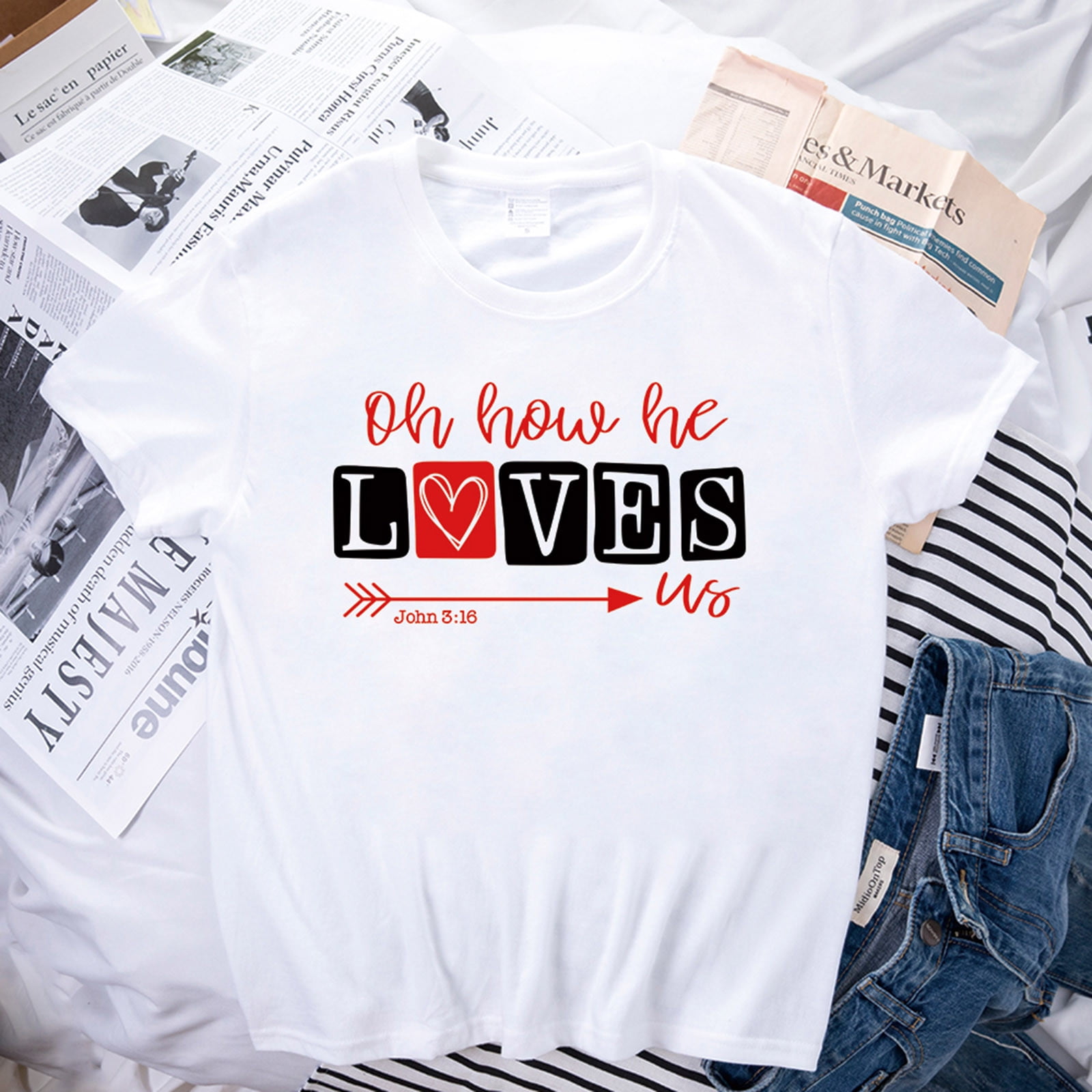 T Shirts for Women Love Print Valentine's Day Gift Couple Shirts Short  Sleeve Round-Neck T-shirt Tops