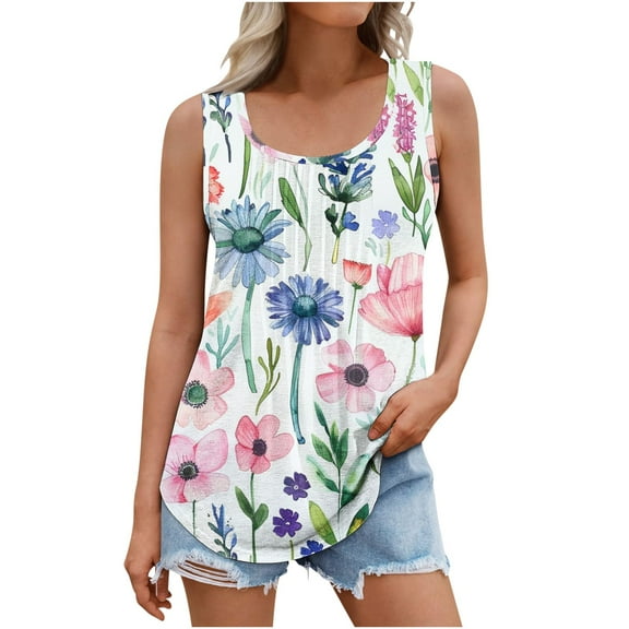 Womens Plus Size Pleated Tank Trendy Floral Tops Sleeveless Pullover Tshirt Casual Basic Top Summer