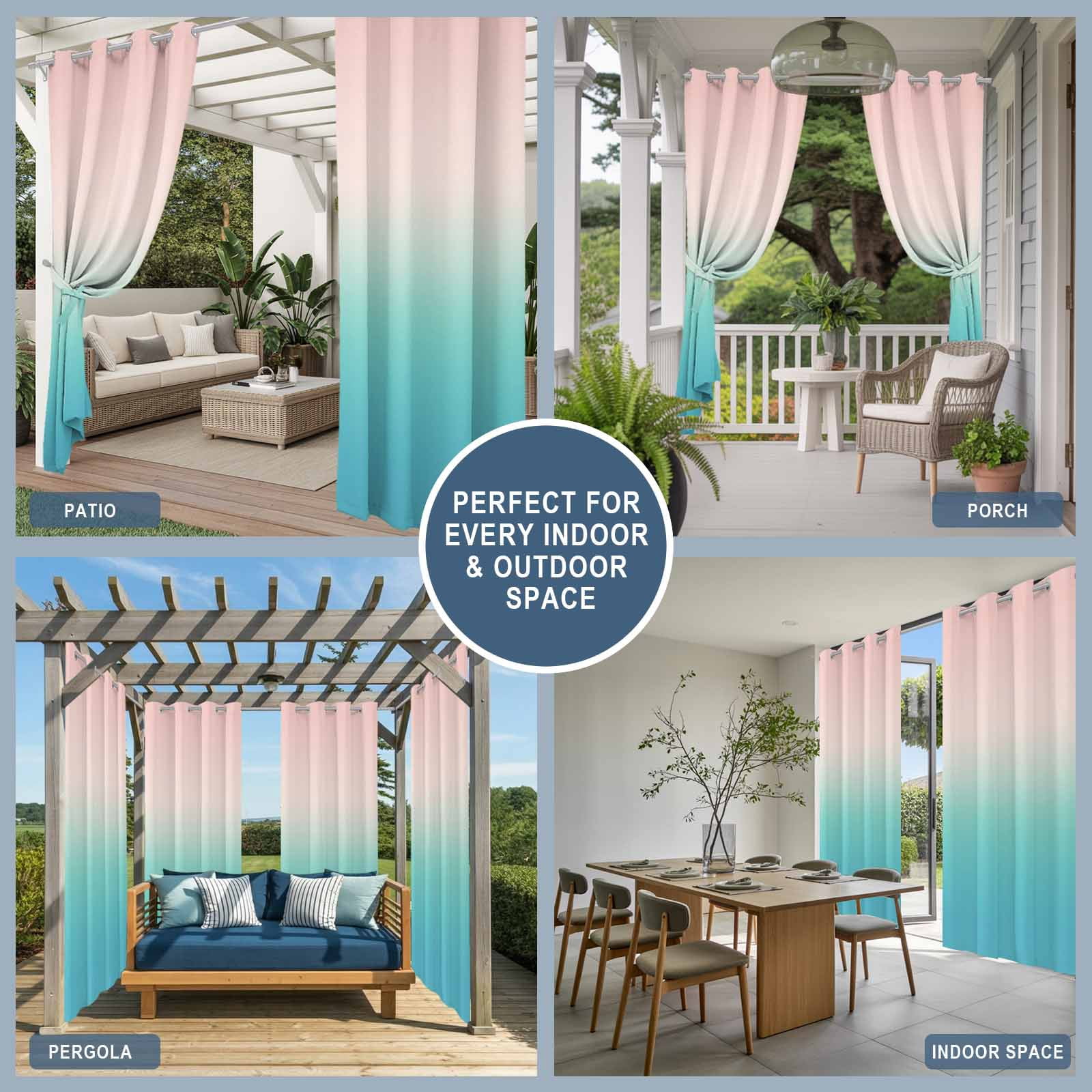 Pink Teal Ombre Outdoor Curtains for Patio Waterproof,Windproof Privacy Curtains with Weighted Bottom,Modern Abstract Art Gradient Aesthetics Outside Drapes for Picnic Garage Yard 54"x84" 2 Panel