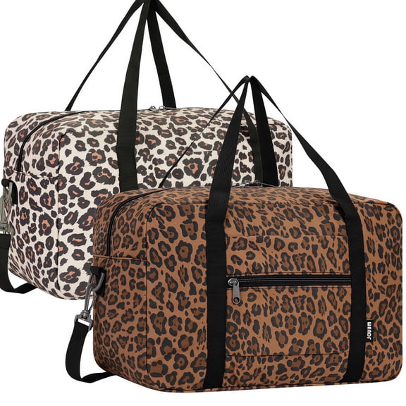 WANDF 2 Pack Leopard Print Travel Duffel Bags for Women,Airline Approved Carry on Luggage, Lightweight Personal Item Bag with Trolley Sleeve,Waterproof Overnight Weekender Bag(White,Brown)