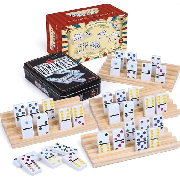 Double 6 Dominoes with 4 Wooden Trays for Adults Classic Board Games Family Game Night