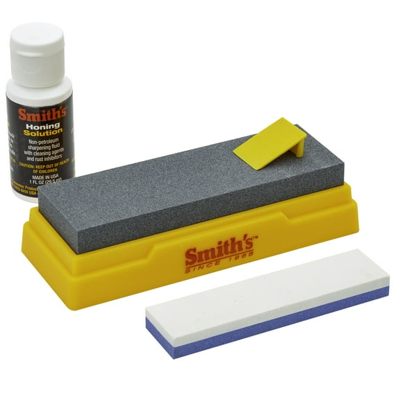 Smith’s 51328 Combination Bench Stone Sharpening Kit - 5” 120 Coarse Grit Stone 4” Coase/Fine Dual Grit Sharpening Stone Honing Oil - Sharpen Kitchen, Hunting, Fishing, Pocket Knives - Non-Slip
