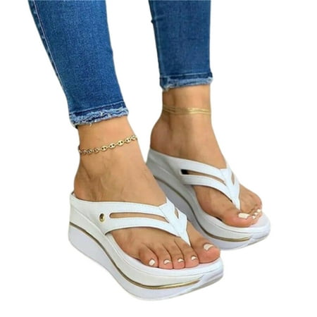 

Women Thongs Slippers Casual Bulky Platform Sandals PU Flat Heel Slide Shoes 38 White