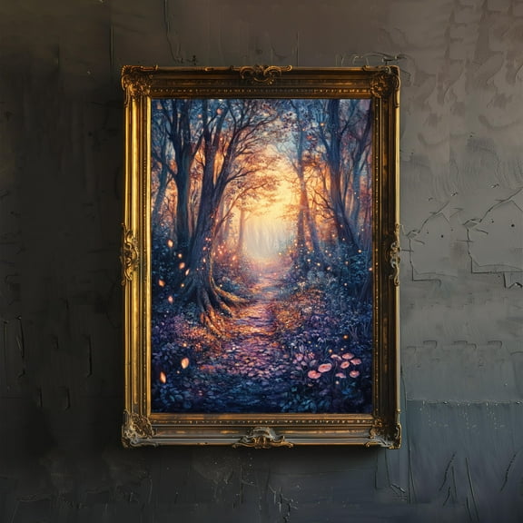 Sunset Over Fairy Woods Art Print Mystical Woodland Wall Art Vintage Fantasy Poster for Living Room Bedroom or Gallery Wall Whimsical Nature - Poster Unframed