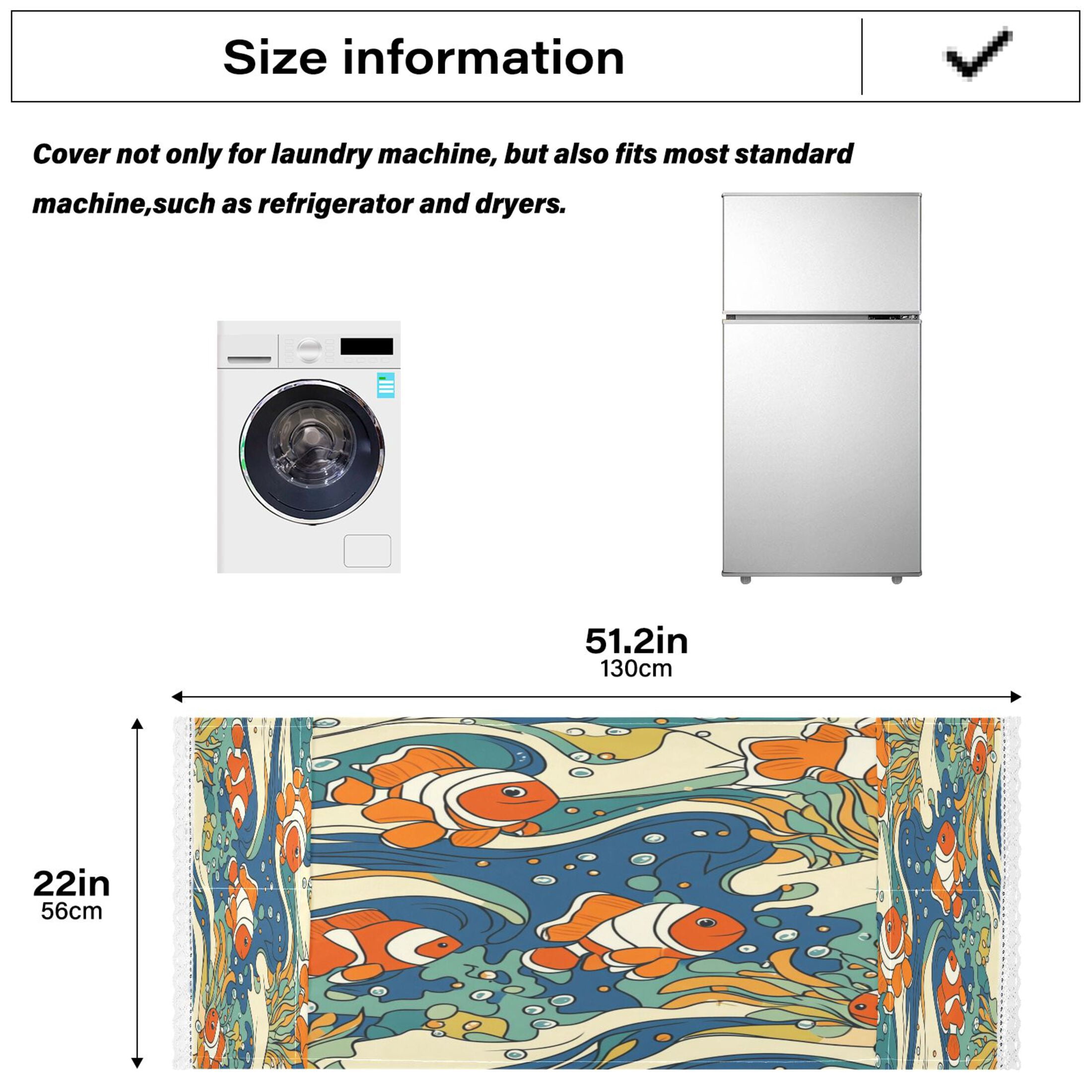 Washing Machine Cover 51.2x22in, Durable Polyester Dust Cover with Lace Trim and Side Pocket for Appliances Cute Clownfish Patterns