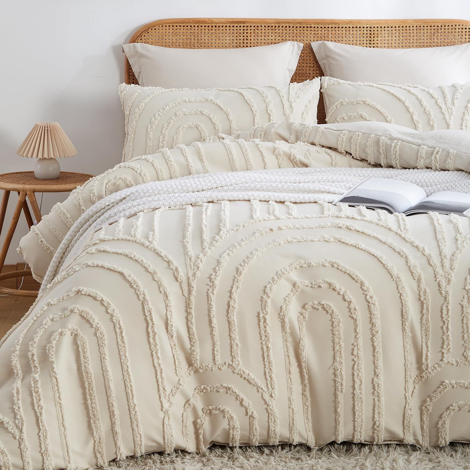 Nayoroom 3 Pieces Geometric Arch Pattern Tufted Microfiber Duvet Cover Set Beige Boho Shabby Chic Luxury Soft Bedding Set,Queen Size