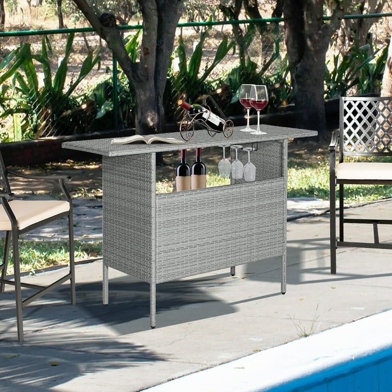 Costway Patio Rattan Wicker Bar Height Counter Table Storage Shelf Rail Garden Mix Gray