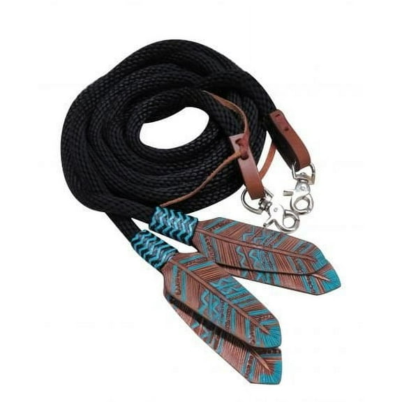 Showman 8' Round Braided Nylon Split Reins w/ Teal Painted Feather Poppers