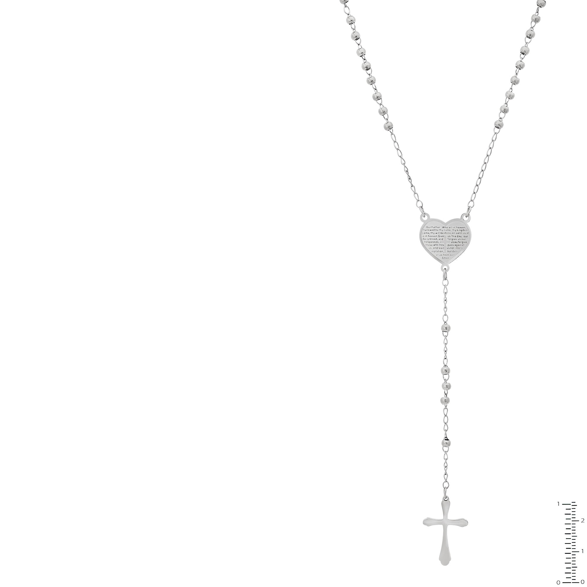 Stainless Steel Beaded Rosary Heart and Cross Necklace