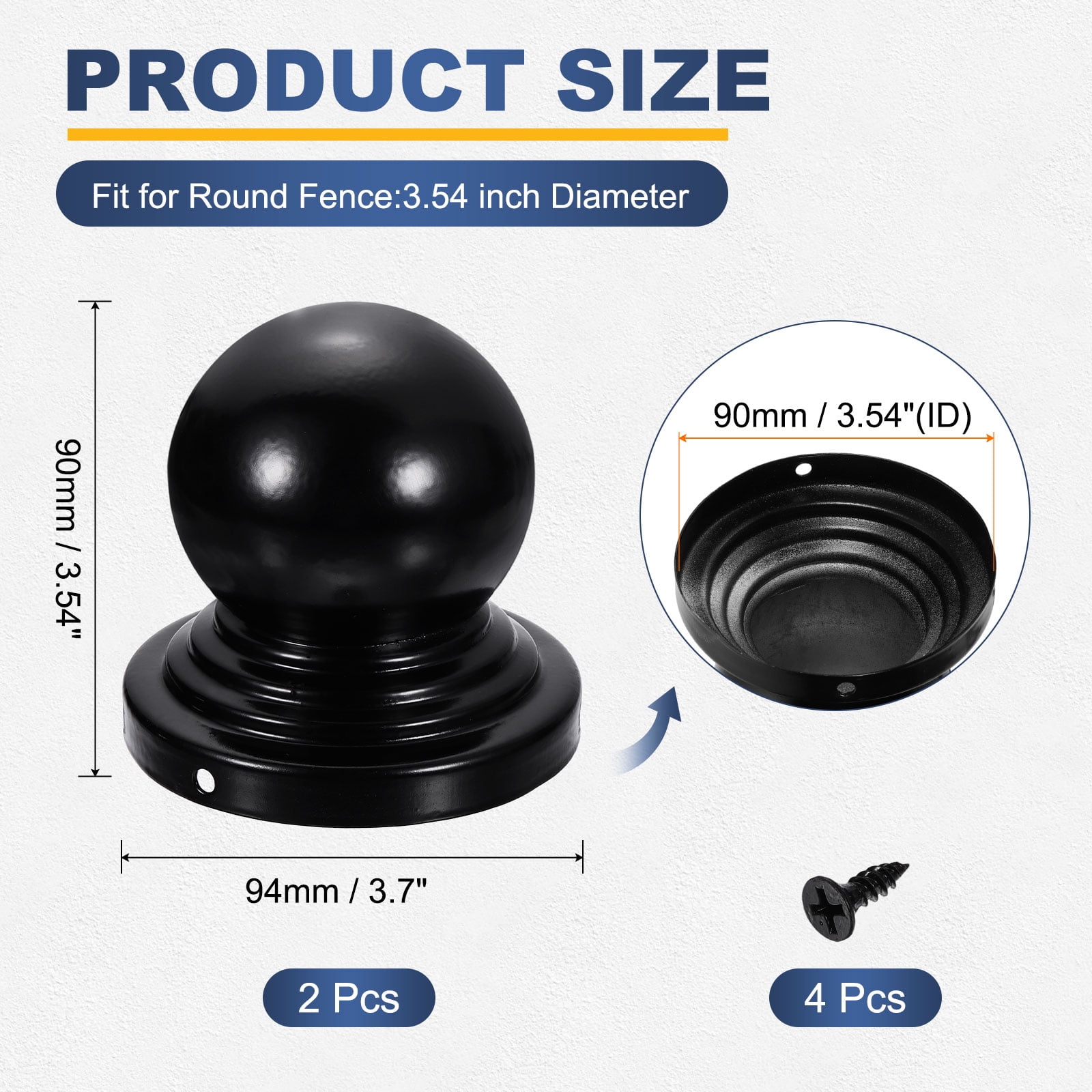 Uxcell 2Pcs 3.5" Dia Fence Post Caps, Waterproof Ball Top Dome Iron Post Cap Cover with Screw Fit for Outdoor Round Metal Wood Fence Deck Mailbox Patio, Black