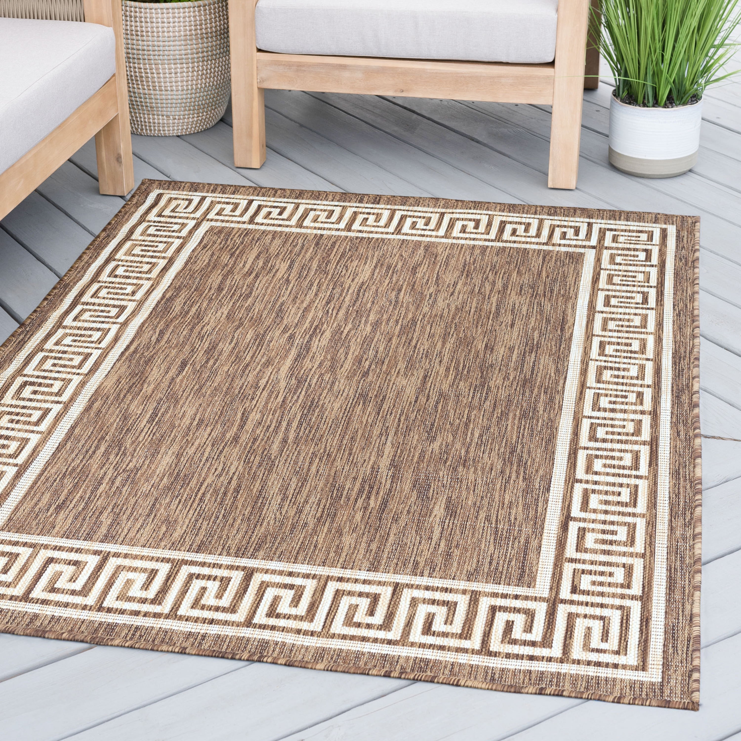 8x10 Water Resistant, Large Indoor Outdoor Rugs for Patios, Front Door Entry, Entryway, Deck, Porch, Balcony | Outside Area Rug for Patio | Brown, Greek Key | Size: 7'10'' x 10'2''