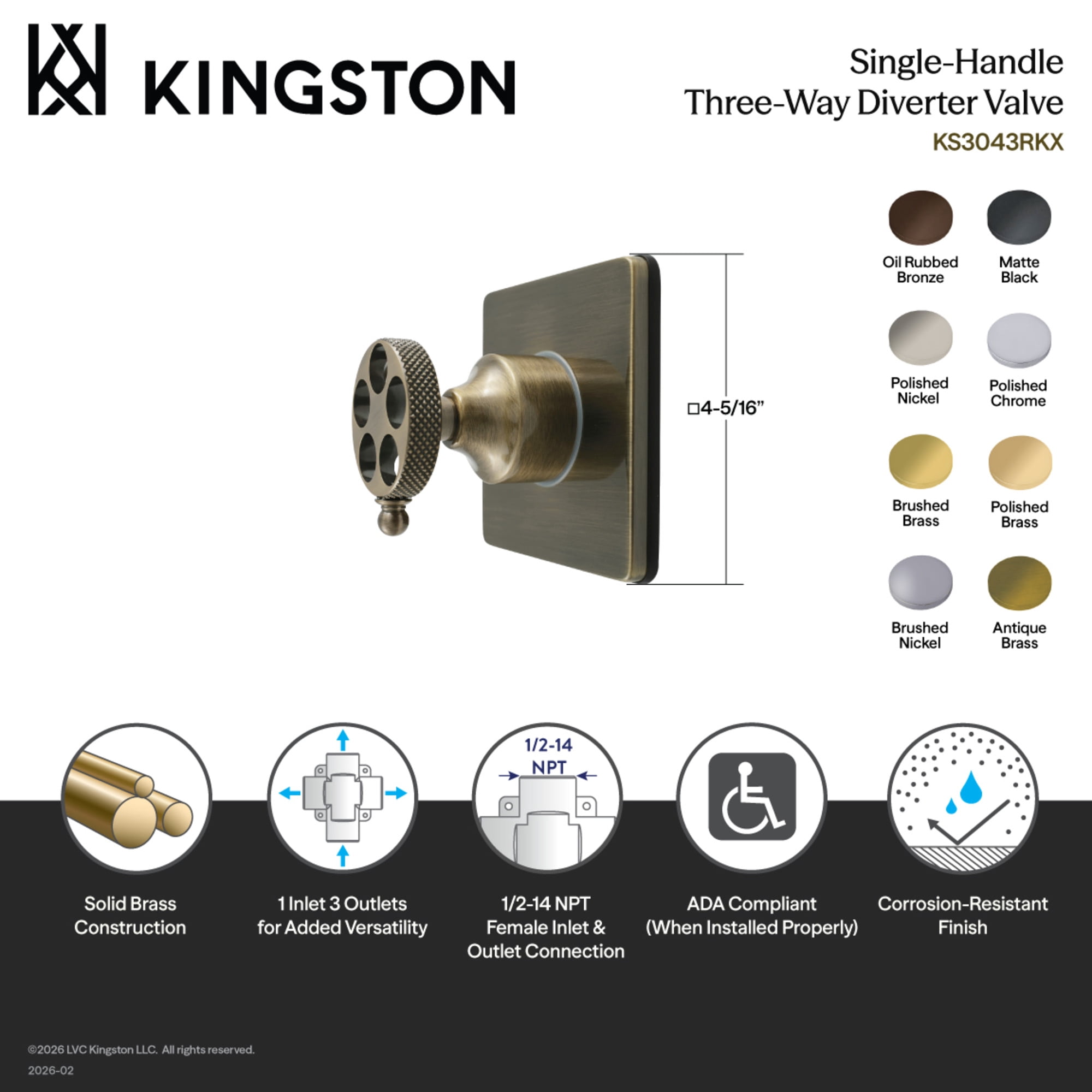 Kingston Brass KS3043RKX Webb Single-Handle Three-Way Diverter Valve with Square Trim Kit in Antique Brass