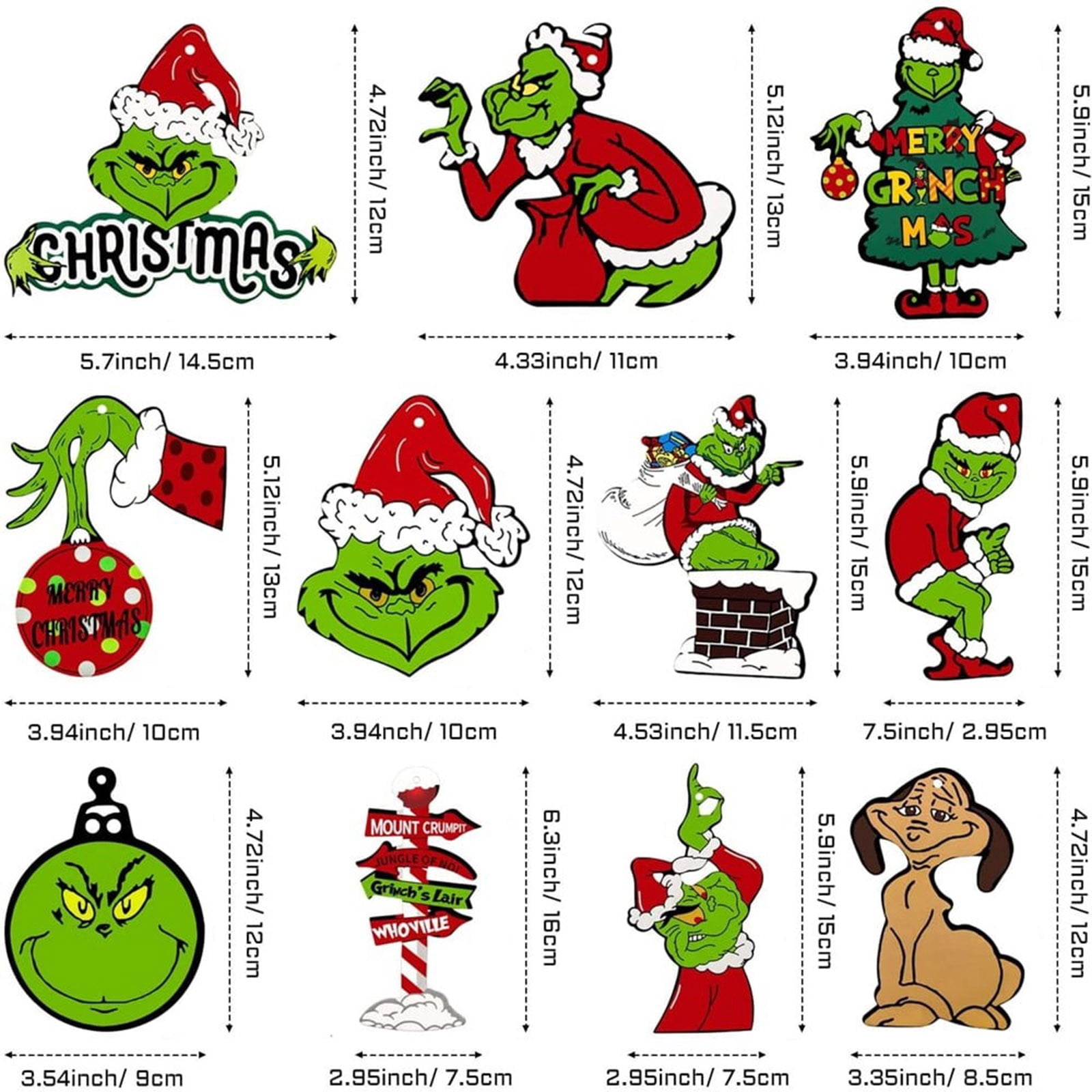 Décorations Sapin Noël Grinch Lot De 11 - Acrylique 2D Avec Corde, Thème Festif - 12