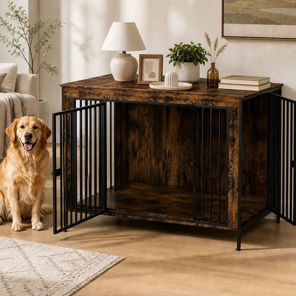 Amlancher Dog Crate Furniture for Large Dogs, 48inch Heavy Duty Dog Kennel Furniture, Rustic Brown