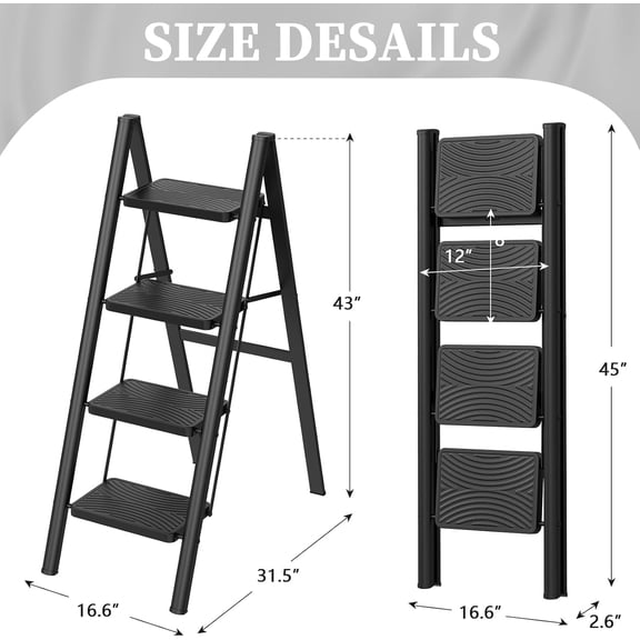 Step Ladder, 4 Step Ladder Folding Step Stool, Portable Sturdy Steel Ladder for Adults Home Outdoor Kitchen Garage, Black