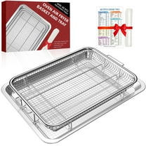 Air Fryer Basket for Oven,Oven Air Fryer Basket and Tray with 30 PCS Parchment Papers,2 Set Stainless Steel Air Fryer Pan and Crisper Tray for Baking Grilling Silver(15.6 x 11.6 inch)