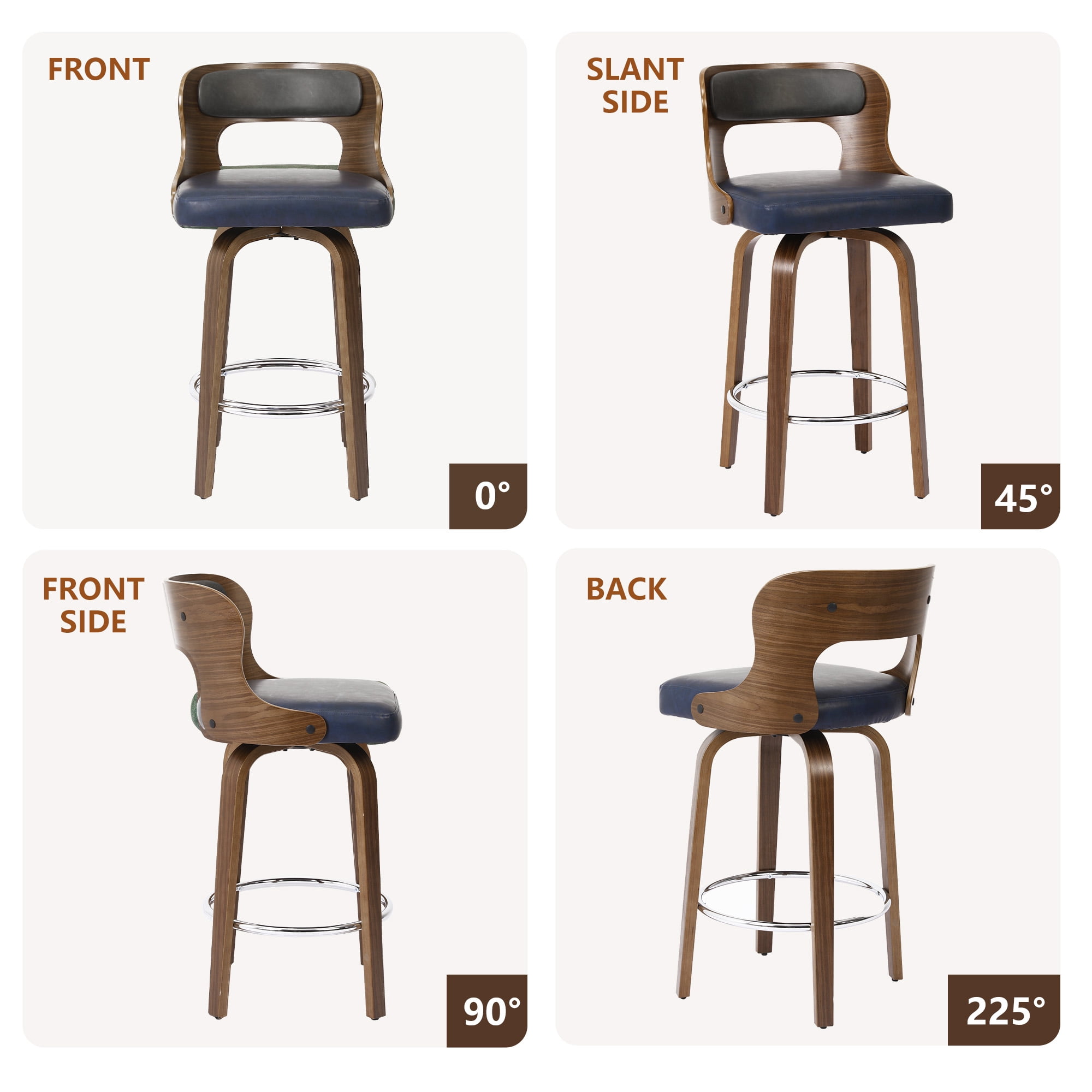 ClinQ 26 inch Swivel Bar Stools Set of 2, Counter Height Bar Chairs with Walnut Legs and Silver Ring Footrest, Upholstered Faux Leather, Blue