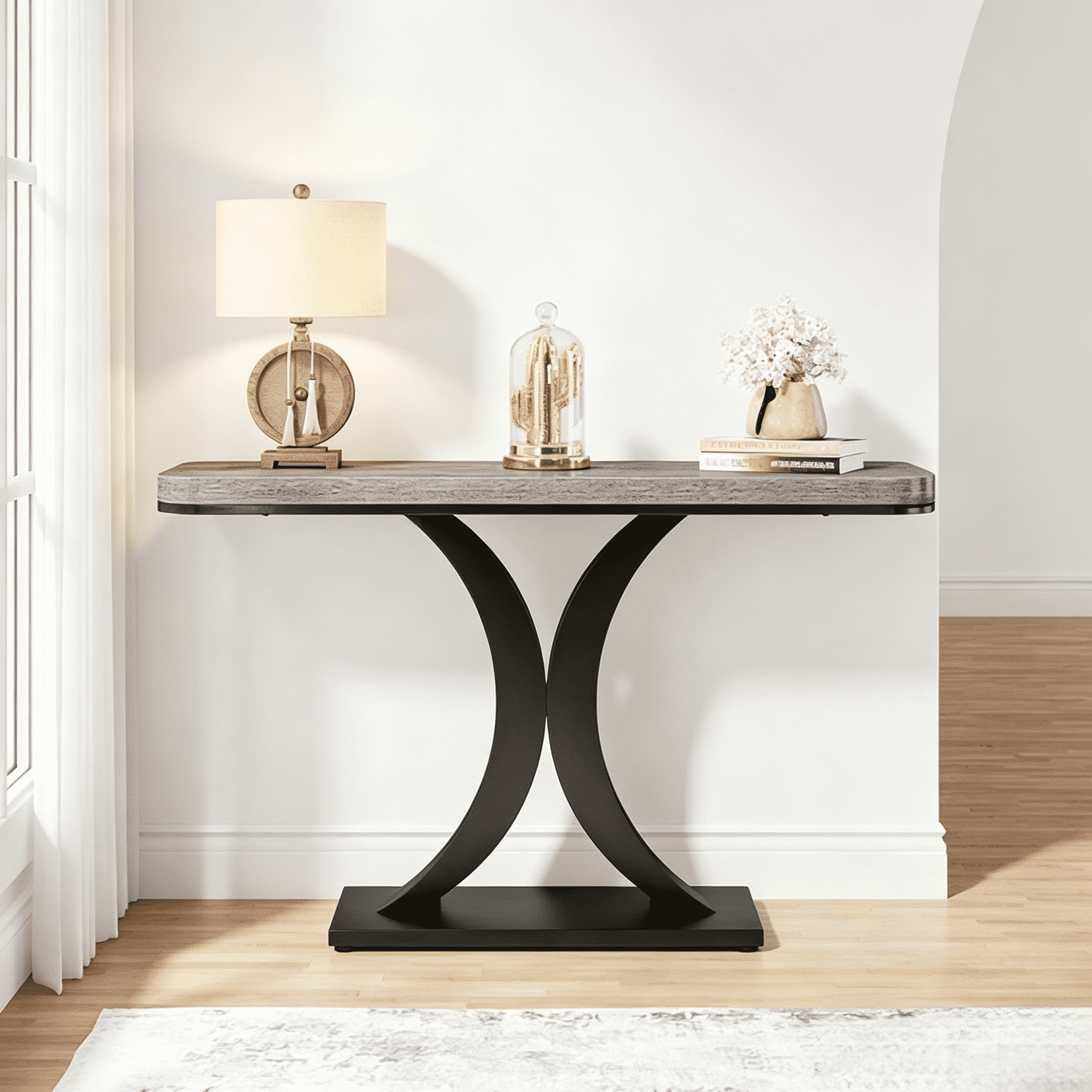 39.4" Industrial Console Table - Rustic Brown Wood Grain with Curved Edge, Heavy-Duty Geometric Base - Narrow Entryway Table for Living Room, Hallway & Foyer