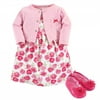 Hudson Baby Infant Girl Cotton Dress, Cardigan and Shoe 3pc Set, Pink Roses, 3-6 Months