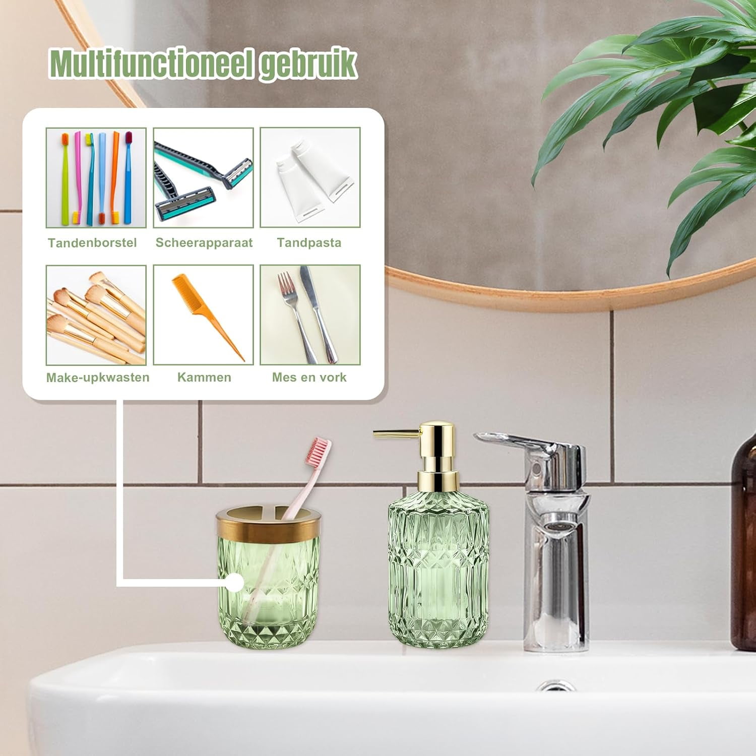 Bathroom Accessories Set, Glass Bathroom Accessories, Vintage Bathroom Countertop Decoration Includes Soap Dispenser, Toothbrush Holder