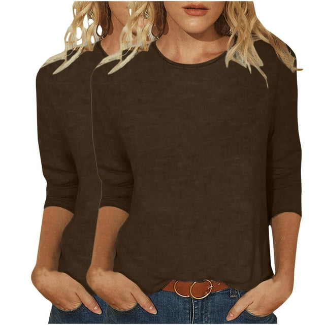 YanHoo 2 Pack Hauts à Manches 3/4 pour Femmes Été Basique Uni Décontracté Col Rond T-Shirts Amples Manches 3/4 Manches 3/4 Couleurs Unies Hauts pour Femmes Moins de 10