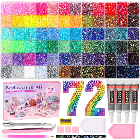 Bedazzling Kit 72 Colors 3mm Resin Jelly Rhinestones - Diamond Art Multicolor Flatback Gems Nail Crafting Makeup, with 4Pcs 10ml B7000 Jewelry Glue & Tools - Christmas Birthday Gifts