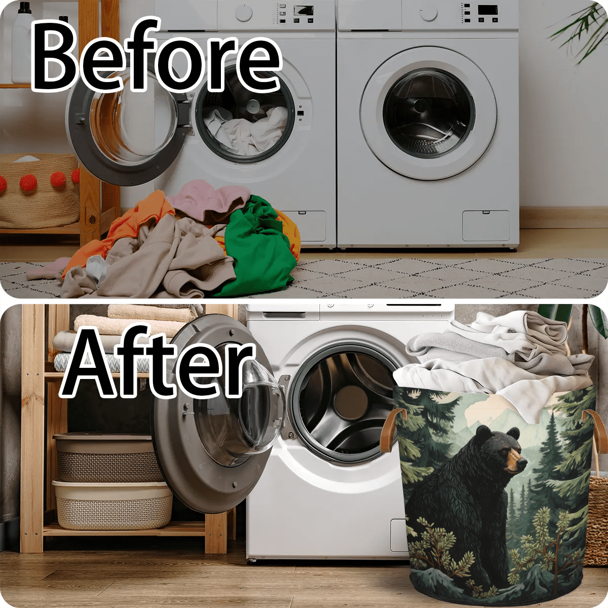 ADECORIVY Black Bear Forest Laundry Basket Waterproof Collapsible Hamper With Handles Oxford Cloth Dirty Clothes Tote for Bathroom, Bedroom, Living Room