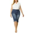 thumbnail image 2 of Unique Bargains Juniors' Plus Size Shorts Chambray Ripped Denim Capri Jeans Blue 3X, 2 of 7